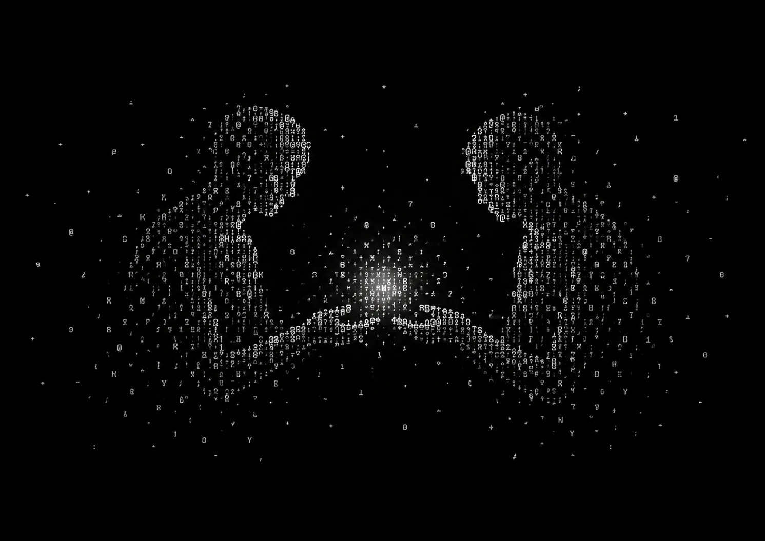 Two ASCII-style figures reaching toward a glowing point of light.
