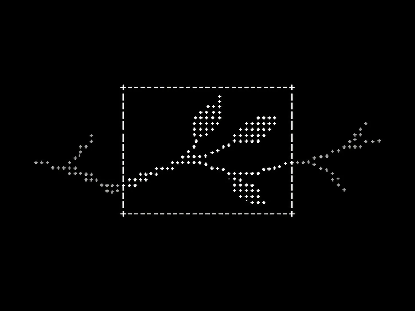 A branch of white dots and plus signs passes through a rectangular frame, with dimmer branches continuing outside it.
