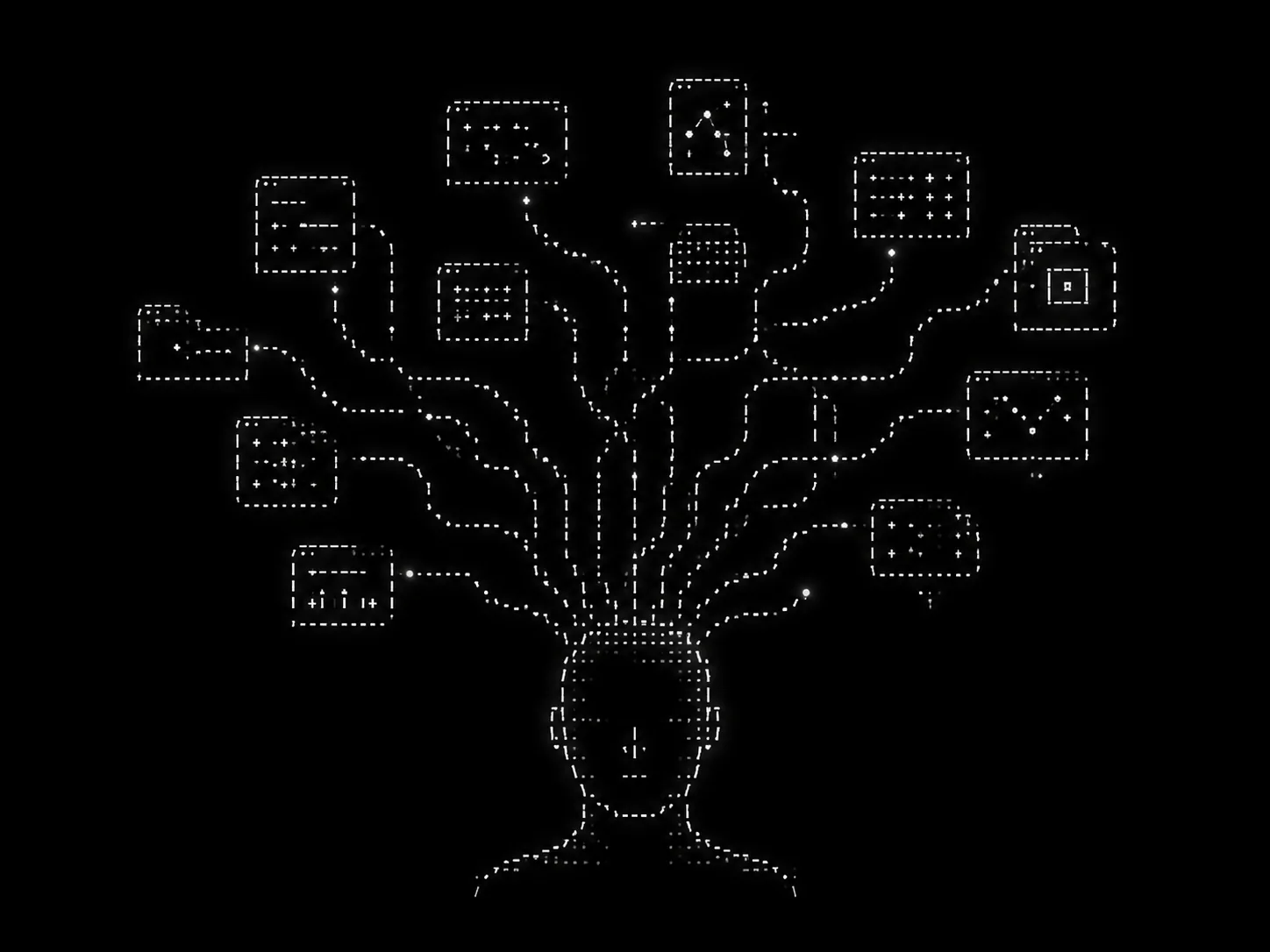An ASCII-style person connected to many parallel agent and work windows on a black background.