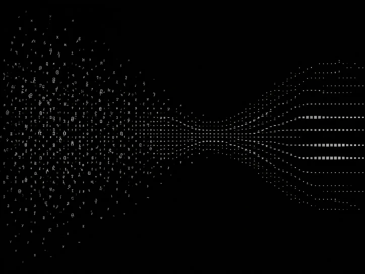 ASCII characters flowing from a dispersed cloud into ordered horizontal data streams on a black background.